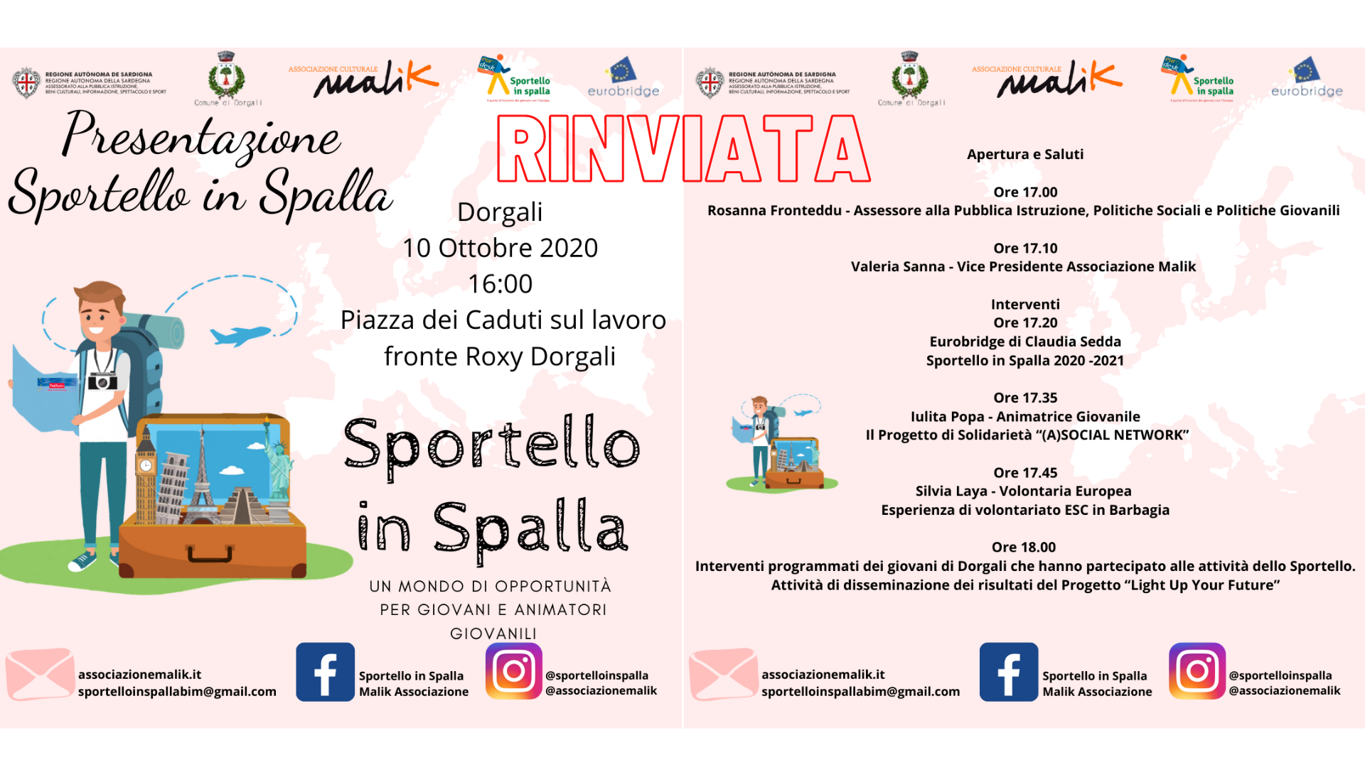Rinviata la presentazione pubblica del progetto Sportello in Spalla a Dorgali  Nuovo Appuntamento il 10 ottobre presso Piazza dei Caduti sul lavoro