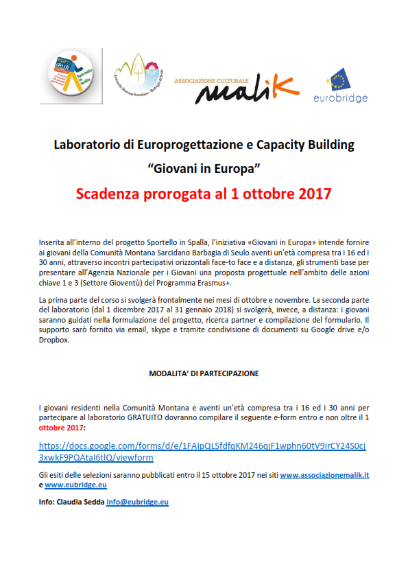 E’ prorogata al 1° ottobre la scadenza per la partecipazione al Corso di Europrogettazione e Capacity Building “Giovani in Europa”