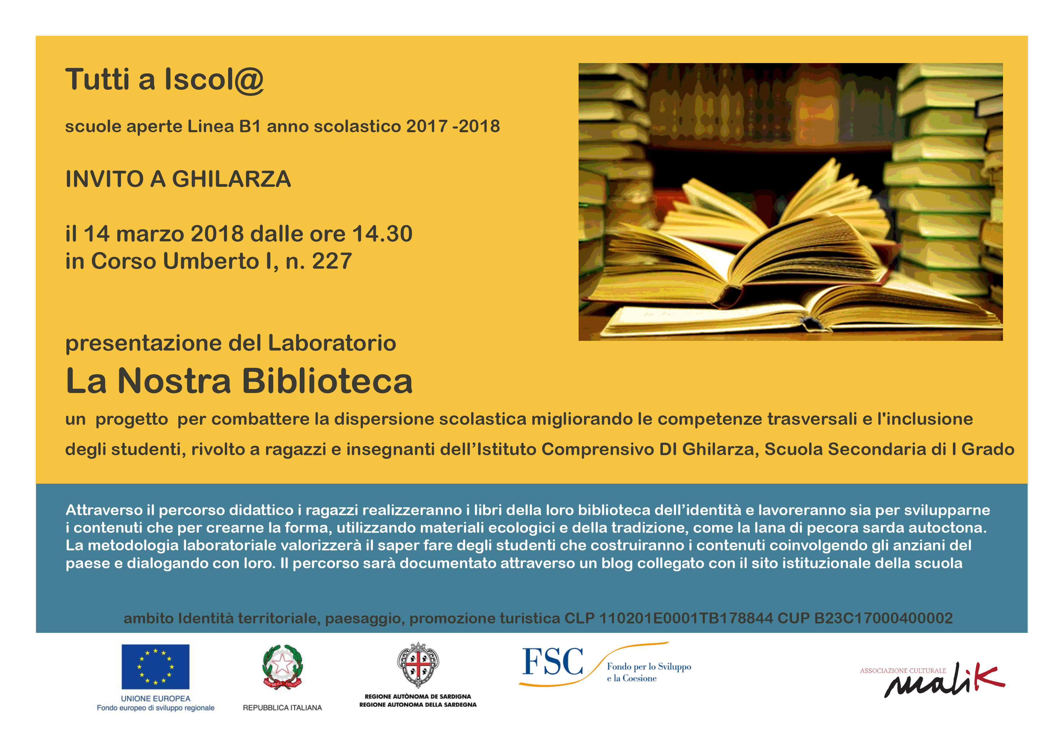 Nell’ambito del progetto “Tutti a iscol@”, il 14 marzo a Ghilarza inizia il laboratorio didattico ‘La nostra Biblioteca’