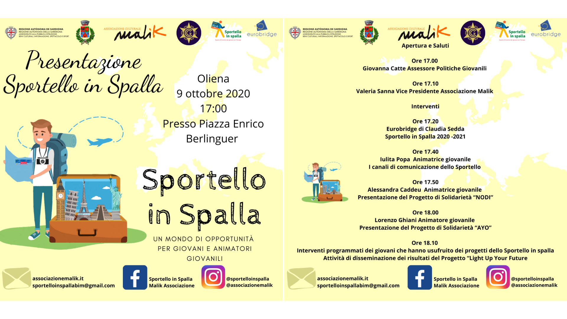 Il Comune di Oliena aderisce al progetto Sportello in Spalla. Il 9 ottobre presentazione pubblica del progetto dell’Associazione Malik alla Comunità